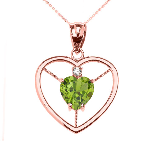 Elegant Rose Gold Peridot and Diamond Solitaire Heart Pendant Necklace