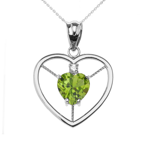 Elegant White Gold Peridot and Diamond Solitaire Heart Pendant Necklace