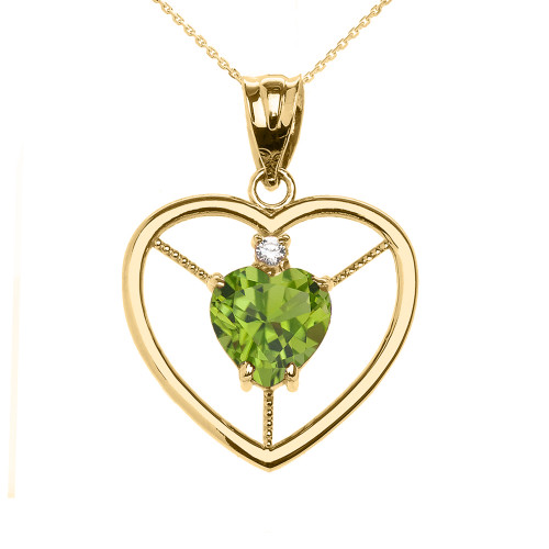 Elegant Yellow Gold Peridot and Diamond Solitaire Heart Pendant Necklace