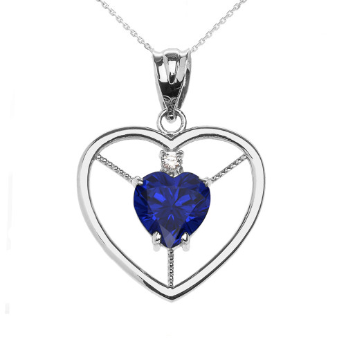 Elegant White Gold Diamond and September Birthstone Blue CZ Heart Solitaire Pendant Necklace