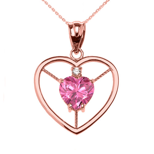 Elegant Rose Gold Diamond and October Birthstone Pink CZ Heart Solitaire Pendant Necklace