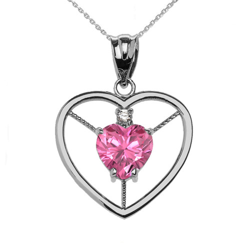 Elegant Sterling Silver Diamond and October Birthstone Pink CZ Heart Solitaire Pendant Necklace