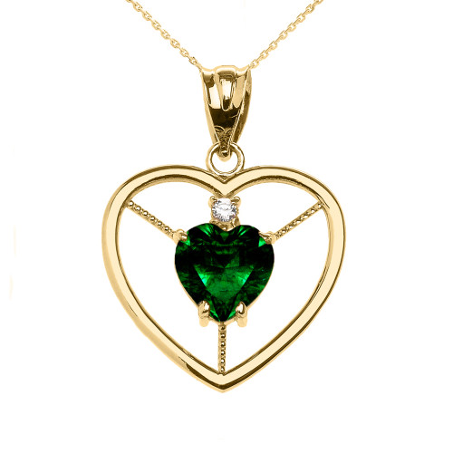 Elegant Yellow Gold Diamond and May Birthstone Green CZ Heart Solitaire Pendant Necklace