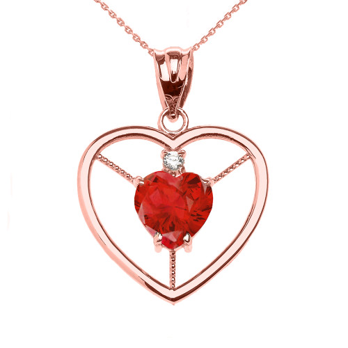 Elegant Rose Gold Diamond and July Birthstone Red CZ Heart Solitaire Pendant Necklace