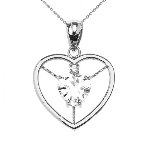 Elegant White Gold Diamond and April Birthstone White CZ Heart Solitaire Pendant Necklace