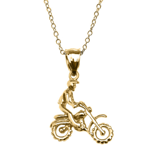 Yellow Gold Off Road Mountain Motorcycle Pendant Necklace