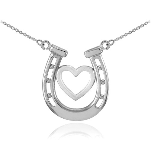 14k White Gold Lucky Charm Horseshoe with Heart Necklace