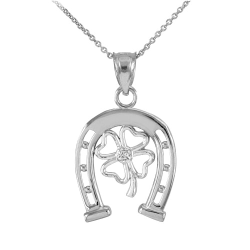 White Gold Lucky Horseshoe with Diamond 4-Leaf Clover Pendant Necklace