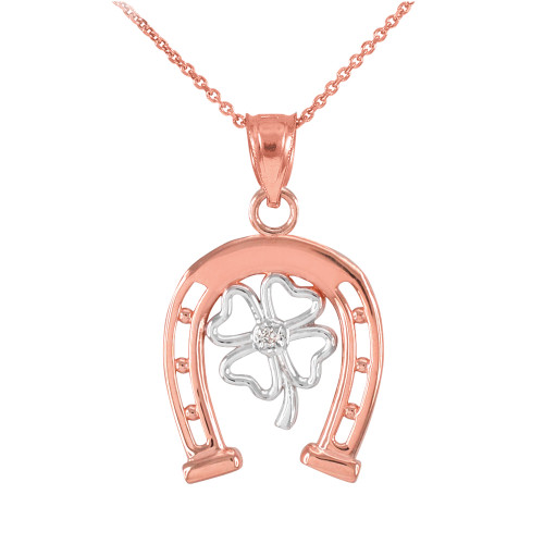 Two-Tone Rose Gold Lucky Horseshoe with Diamond 4-Leaf Clover Pendant Necklace