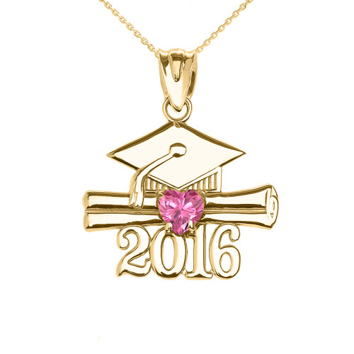Yellow Gold Heart October Birthstone Pink Cz Class of 2016 Graduation Pendant Necklace