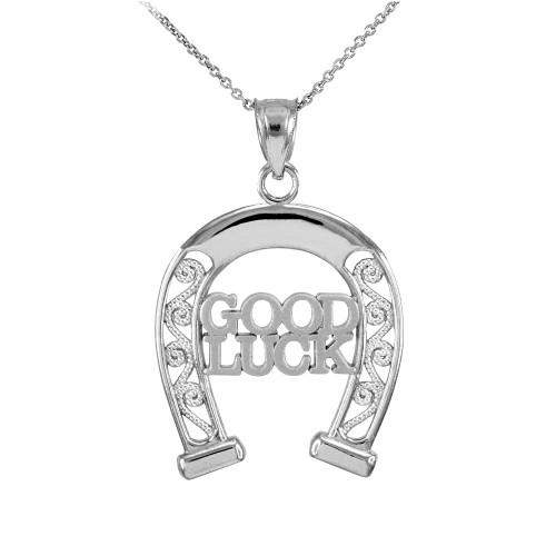 White Gold GOOD LUCK Horseshoe Filigree Pendant Necklace