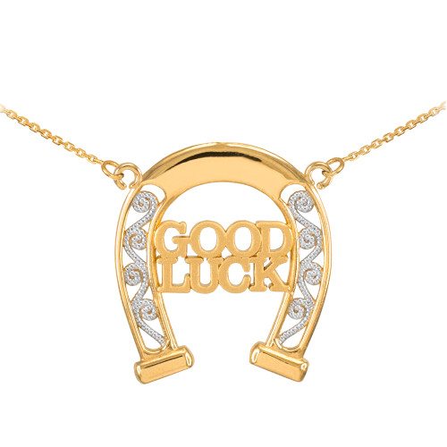 14k Two-Tone Yellow Gold GOOD LUCK Horseshoe Filigree Necklace