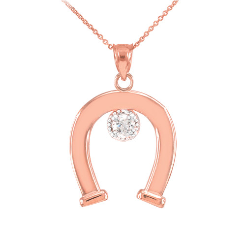 Rose Gold CZ-Studded Lucky Horseshoe Pendant Necklace