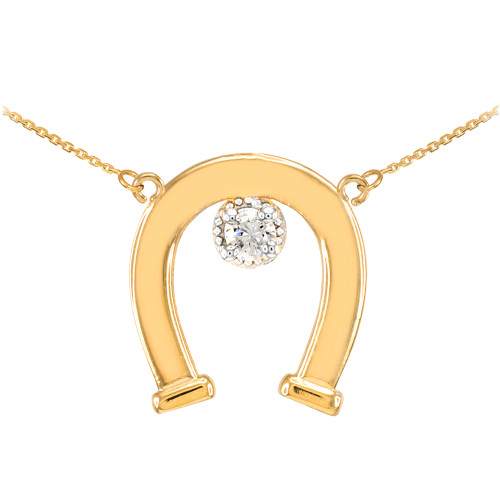 14k Yellow Gold CZ-Studded Lucky Horseshoe Necklace