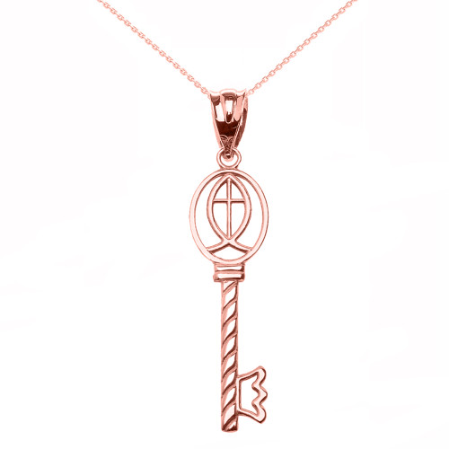 Rose Gold Ichthus Cross Key Pendant Necklace