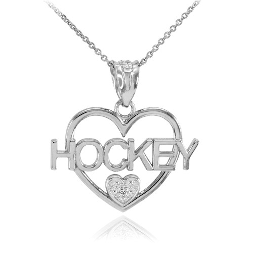 White Gold I Love Hockey Open Heart Diamond Necklace