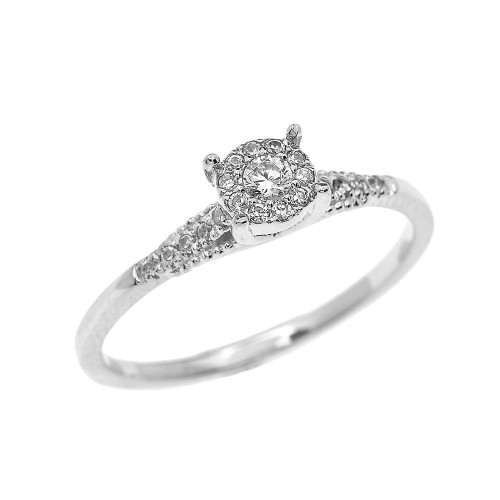 White Gold Halo Diamond Elegant Solitaire Engagement Proposal Ring