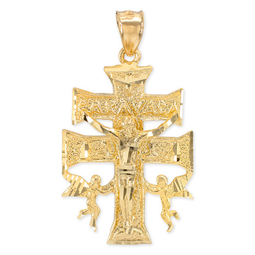 Gold Caravaca Double Cross with Angels Crucifix Pendant