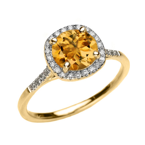 Yellow Gold Halo Diamond and Genuine Citrine Dainty Engagement Proposal Ring