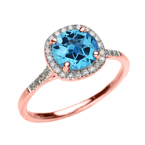 Rose Gold Halo Diamond and Genuine Blue Topaz Dainty Engagement Proposal Ring