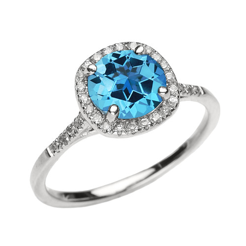 White Gold Halo Diamond and Genuine Blue Topaz Dainty Engagement Proposal Ring