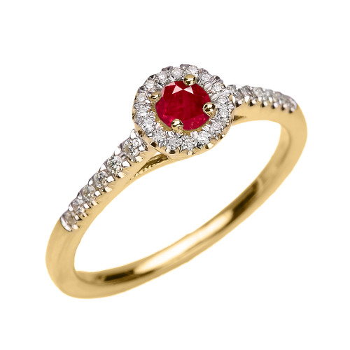 Yellow Gold Diamond and Ruby Dainty Engagement Proposal Ring