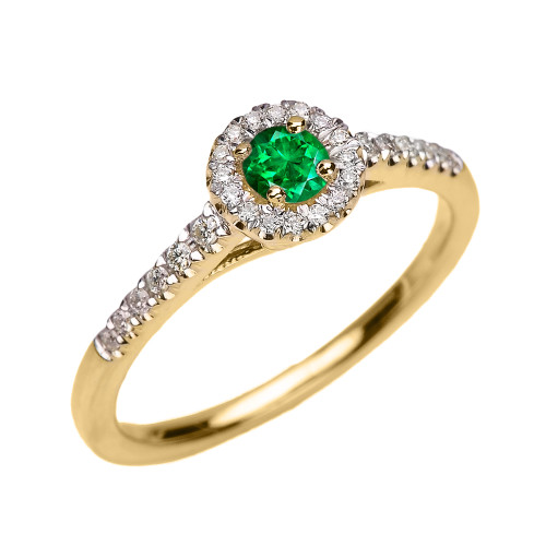 Yellow Gold Diamond and Emerald Dainty Engagement Proposal Ring