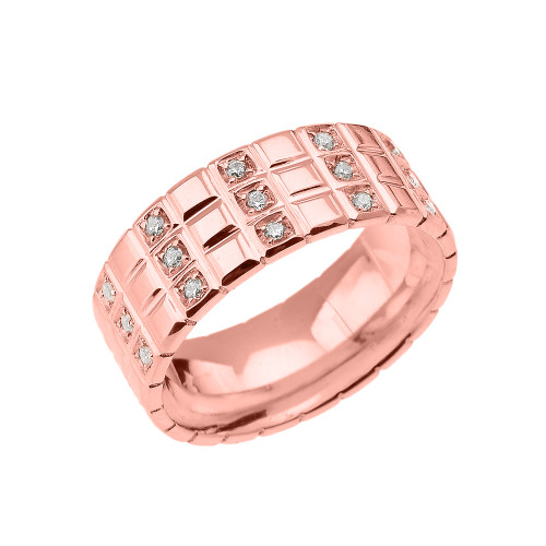 Rose Gold Diamond Checkerboard Men's Wedding Band Ring