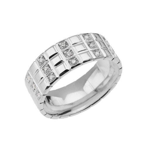 White Gold CZ Checkerboard Men's Wedding Band Ring