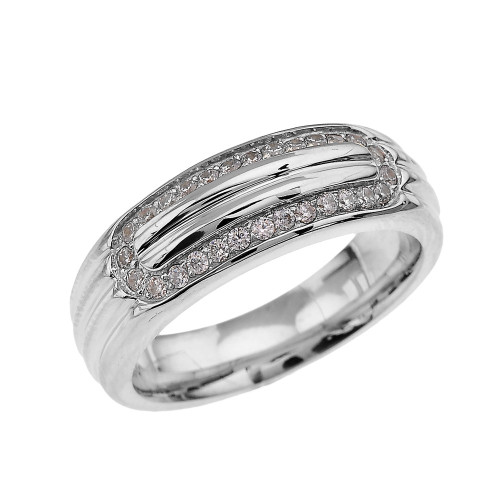 Ribbed Stripe Design Sterling Silver Diamond Men's Comfort Fit Wedding Ring
