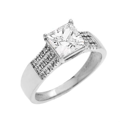 White Gold Three Row Micro Pave Diamond Set Engagement Ring with Princess Cut Center-stone CZ (Cubic Zirconia)