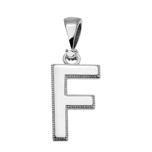 White Gold High Polish Milgrain Solitaire Diamond "F" Initial Pendant Necklace