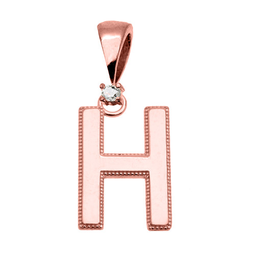 Rose Gold High Polish Milgrain Solitaire Diamond "H" Initial Pendant Necklace