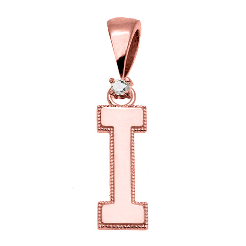 Rose Gold High Polish Milgrain Solitaire Diamond "I" Initial Pendant Necklace