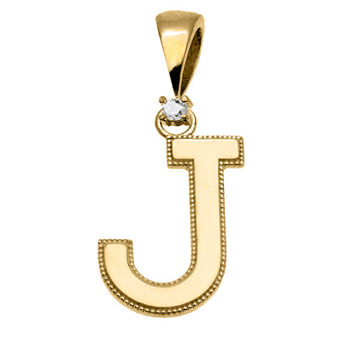 Yellow Gold High Polish Milgrain Solitaire Diamond "J" Initial Pendant Necklace
