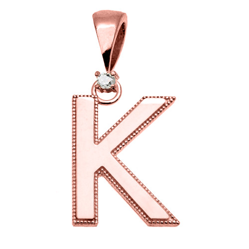 Rose Gold High Polish Milgrain Solitaire Diamond "K" Initial Pendant Necklace