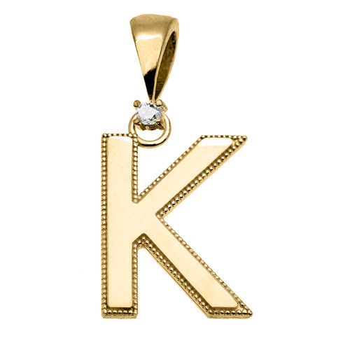 Yellow Gold High Polish Milgrain Solitaire Diamond "K" Initial Pendant Necklace