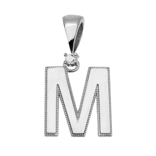 White Gold High Polish Milgrain Solitaire Diamond "M" Initial Pendant Necklace
