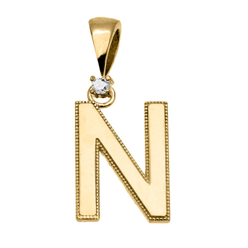 Yellow Gold High Polish Milgrain Solitaire Diamond "N" Initial Pendant Necklace