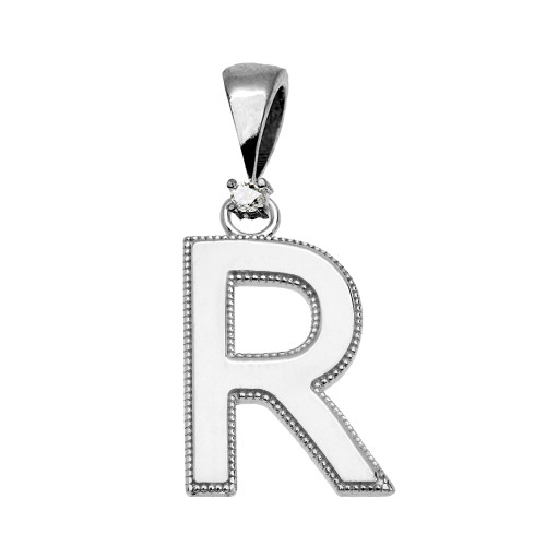 White Gold High Polish Milgrain Solitaire Diamond "R" Initial Pendant Necklace