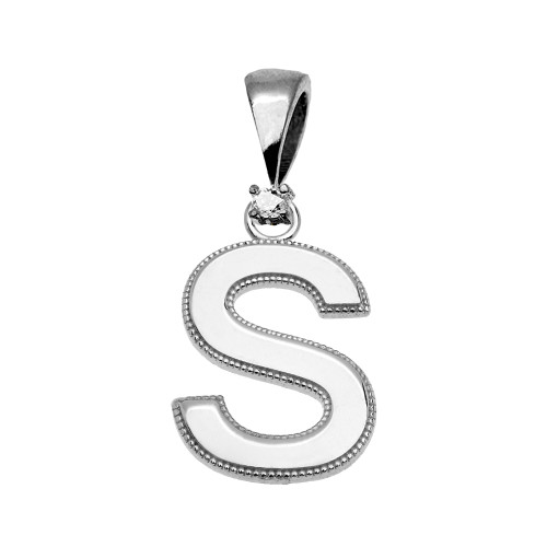 White Gold High Polish Milgrain Solitaire Diamond "S" Initial Pendant Necklace