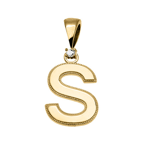 Yellow Gold High Polish Milgrain Solitaire Diamond "S" Initial Pendant Necklace