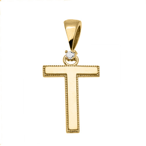 Yellow Gold High Polish Milgrain Solitaire Diamond "T" Initial Pendant Necklace