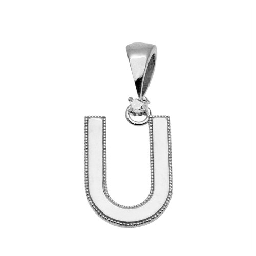 White Gold High Polish Milgrain Solitaire Diamond "U" Initial Pendant Necklace