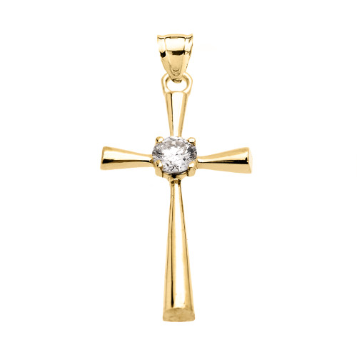 Beautiful Yellow Gold Solitaire Cubic Zirconia Cross Dainty Pendant Necklace