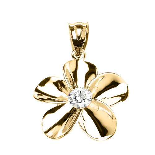 Yellow Gold Hawaiian Plumeria Cubic Zirconia Pendant Necklace