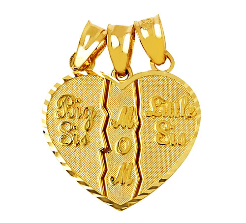 3 piece break apart mom big sis little sis heart pendant, in gold.