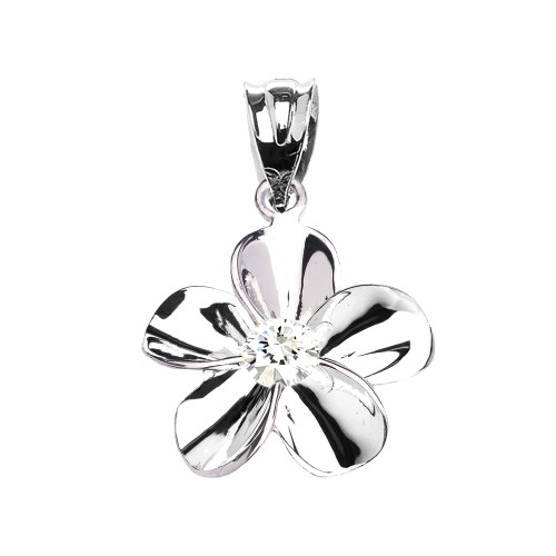 Sterling Silver Hawaiian Plumeria Cubic Zirconia Dainty Pendant Necklace