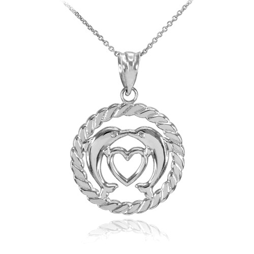 White Gold Heart Kissing Dolphins in Circle Rope Pendant Necklace