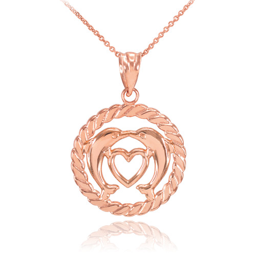 Rose Gold Heart Kissing Dolphins in Circle Rope Pendant Necklace